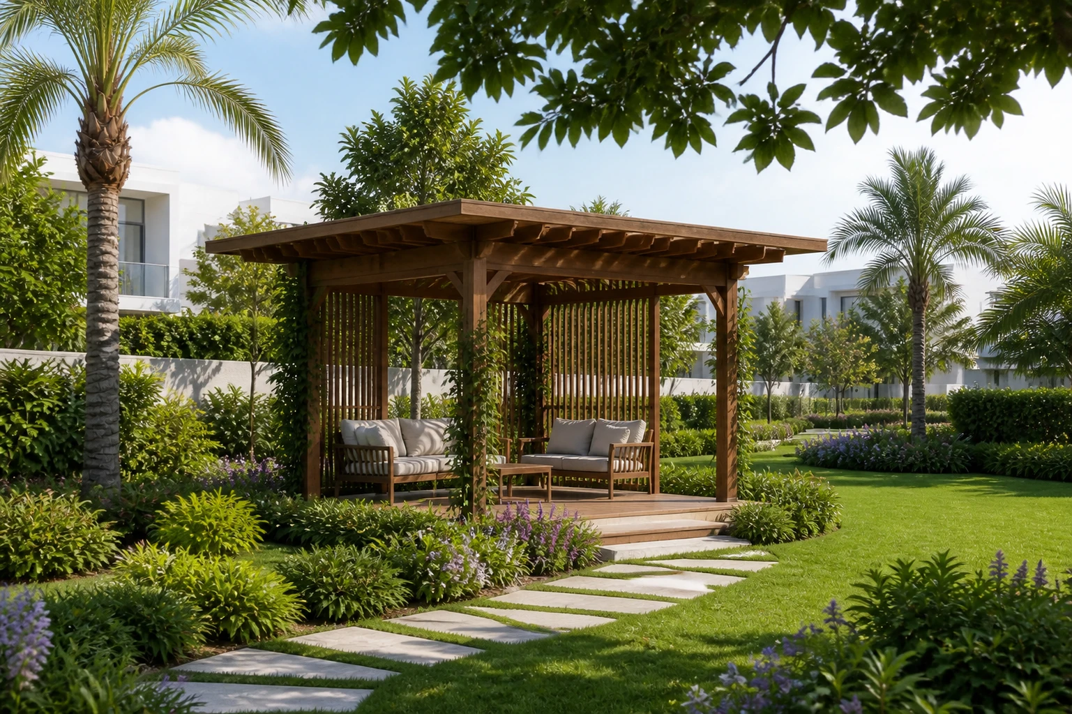 A bright daylight timber gazebo and lawn surrounded by palms, flowers and villas