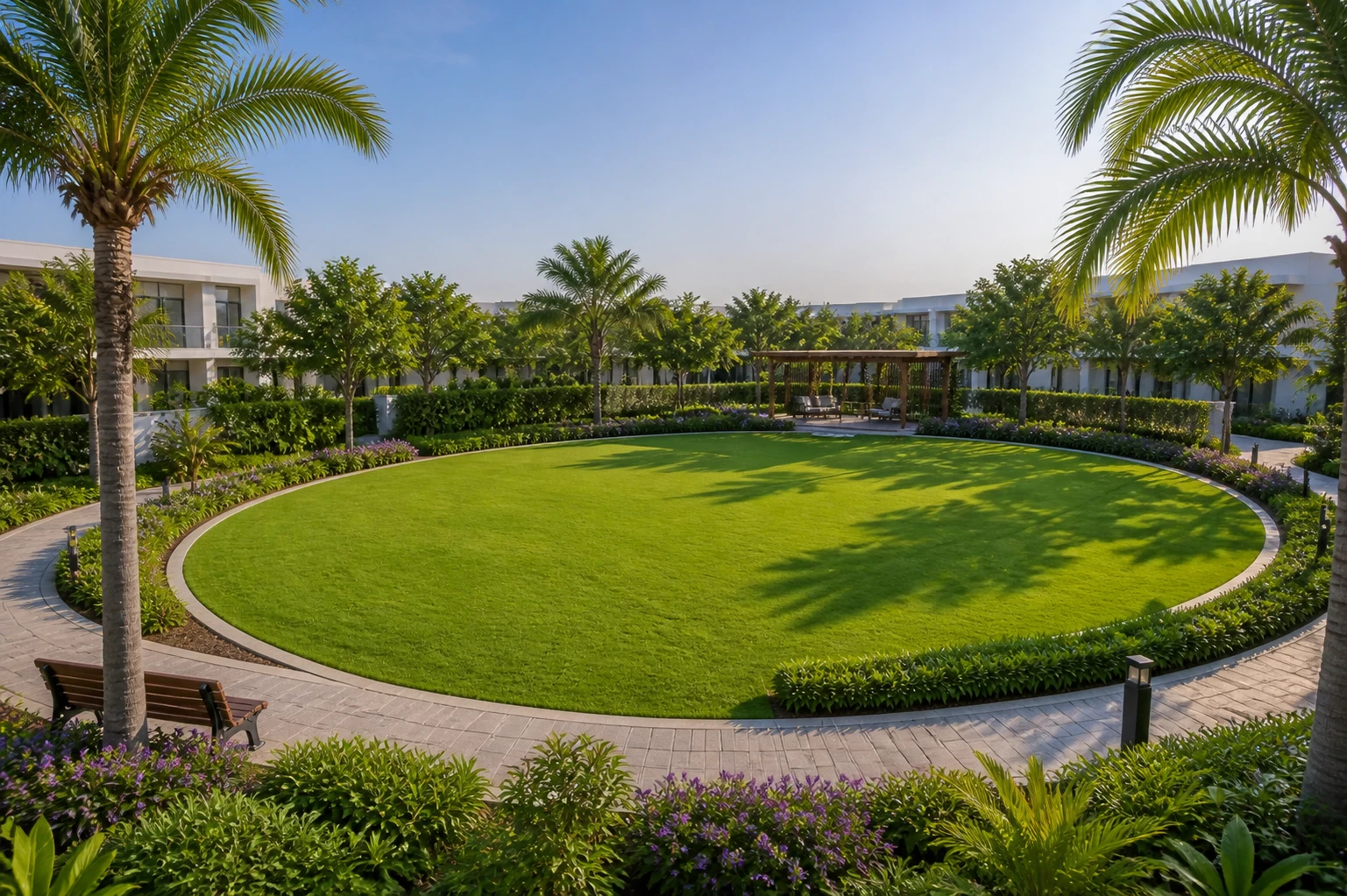 A bright daylight event lawn circled by gardens, palms and villa community walkways
