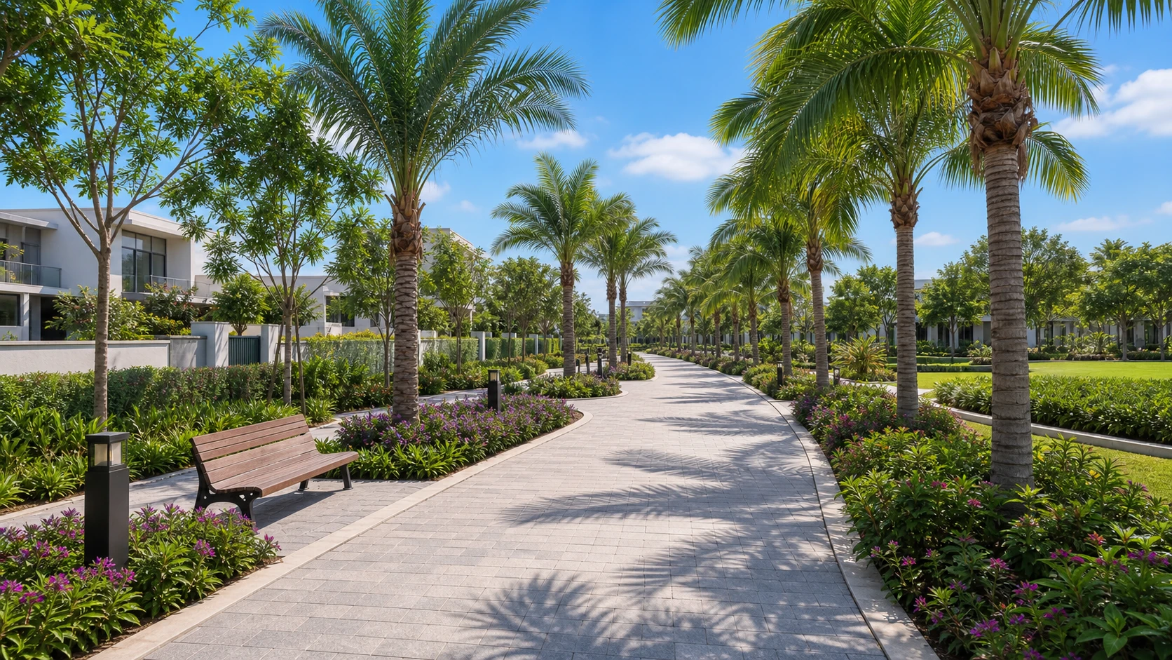 A bright daylight palm promenade with benches, flowering landscape and villas alongside