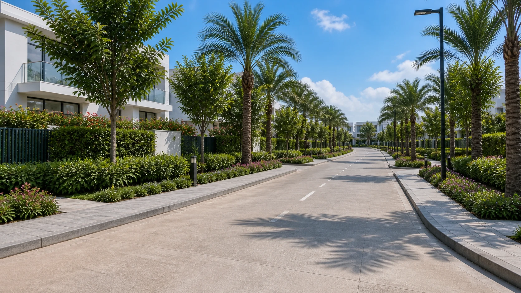 A bright daylight internal concrete road lined with palms, footpaths, villas and planting