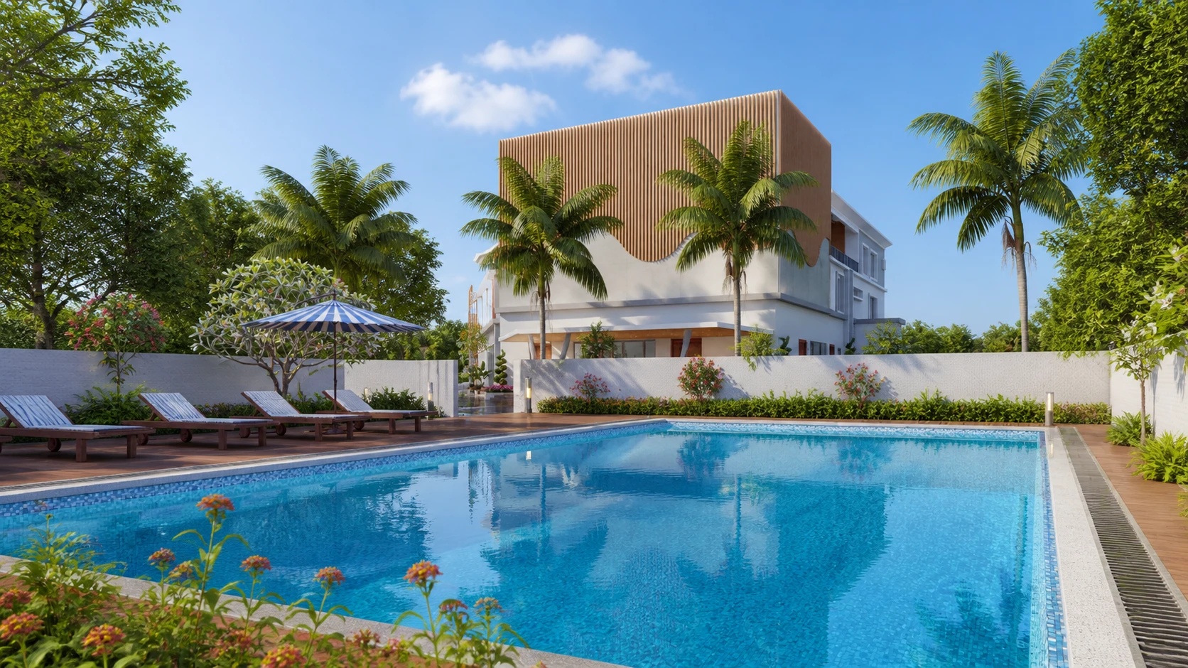 A bright daylight swimming pool beside the Club V clubhouse and landscaped deck
