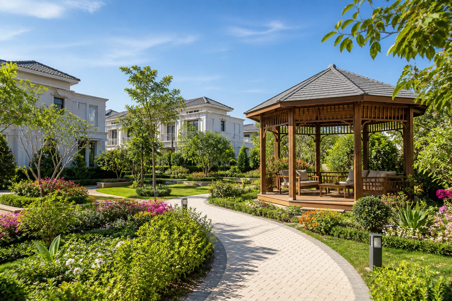 A bright daylight garden courtyard with gazebo, walking paths and villas