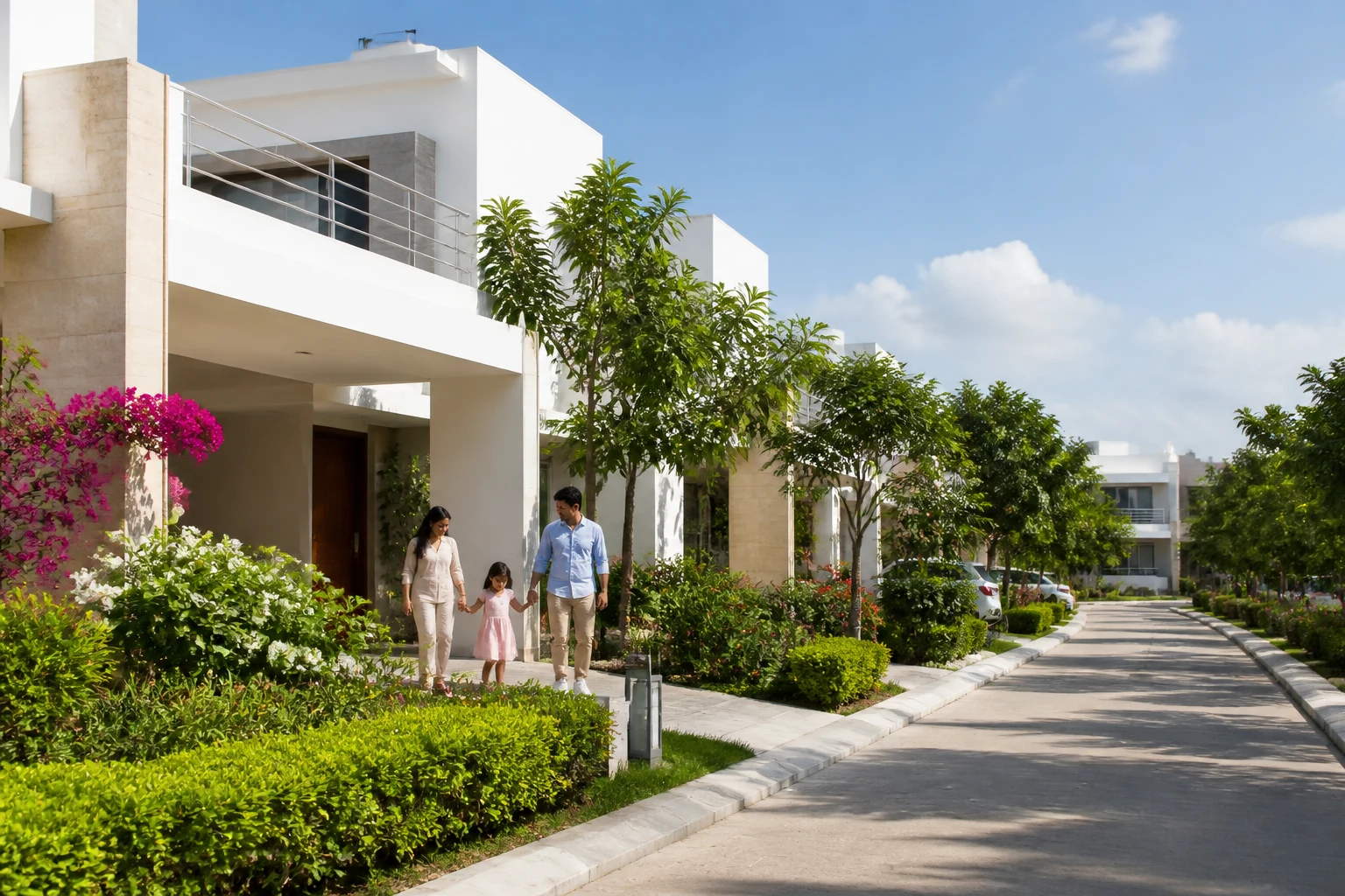 A bright daylight modern villa street with landscaped gardens and family walking