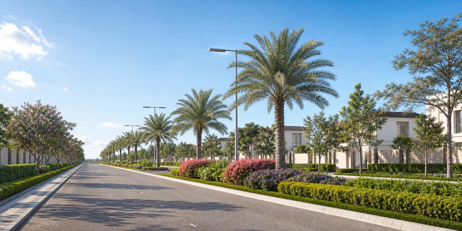 A realistic daylight palm-lined boulevard inside a premium gated villa community