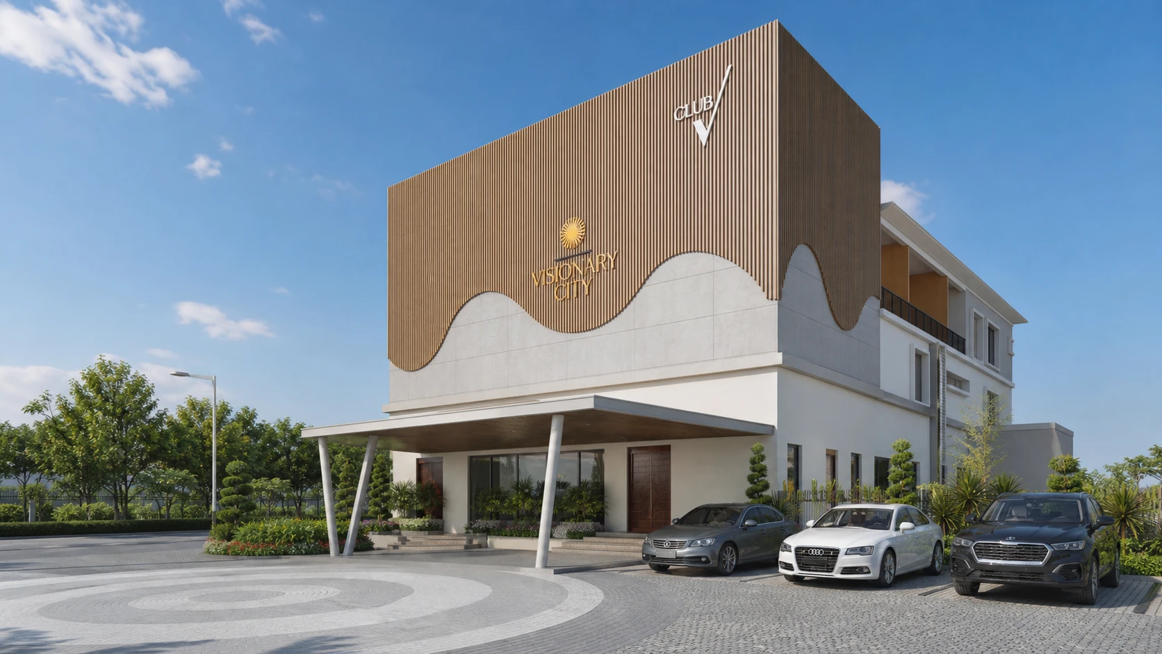 A realistic daylight view of the Club V clubhouse building exterior