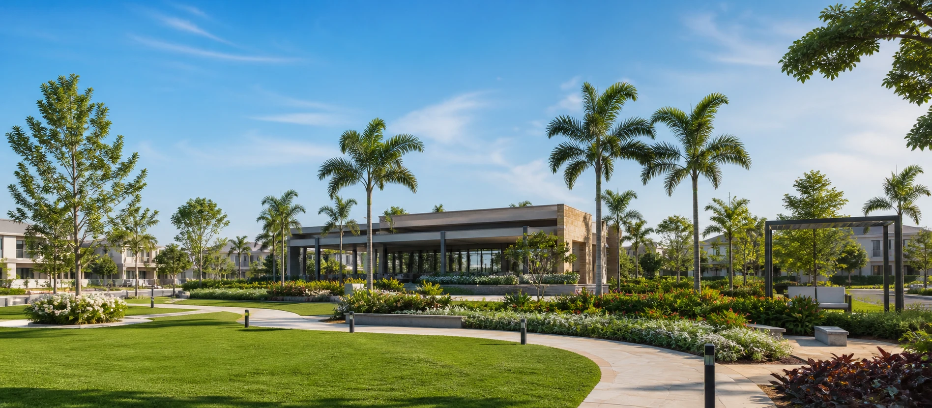 A realistic daylight clubhouse and central park landscape inside a premium gated community