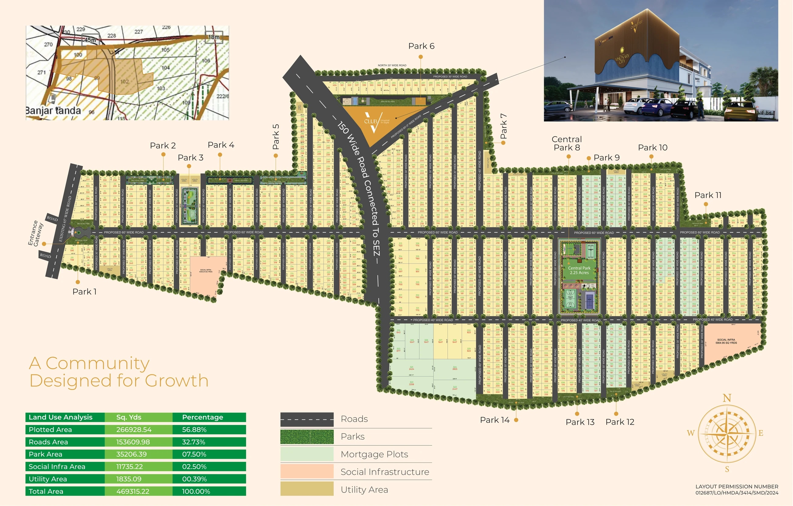 The sanctioned HMDA master plan for Visionary City, showing 14 numbered parks, the 2.25-acre central park, Club V, the entrance gateway and the 150 ft road to the SEZ